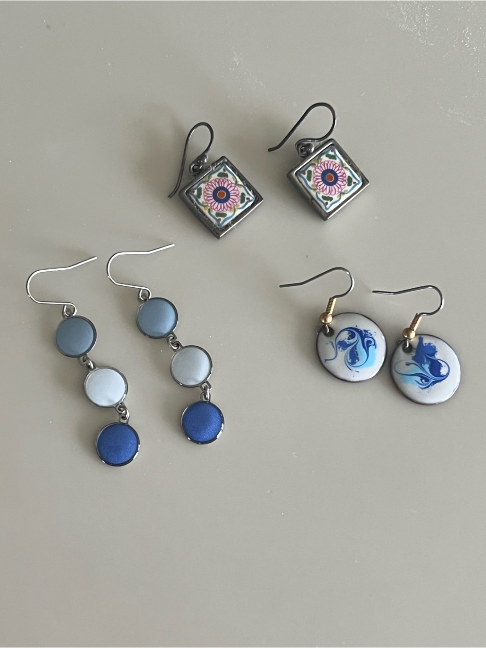 Blue Trio and Floral Porcelain Earrings Set - Women Jewelry
